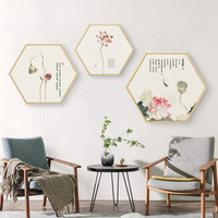 新中式客厅装饰画荷花玄关挂画沙发背景墙古典禅意书房餐厅六边形