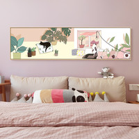 猫咪床头风景插画客厅装饰画沙发背景墙长条卡通创意清新卧室挂画