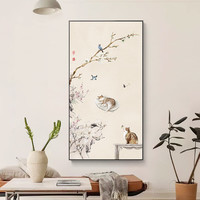 日式原木风玄关装饰画现代入户走廊墙画新中式中国风猫咪花鸟挂画