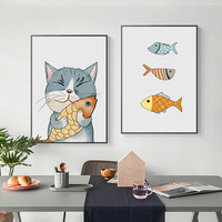 猫咪和鱼 北欧清新餐厅装饰画现代简约创意趣味厨房饭厅墙面挂画