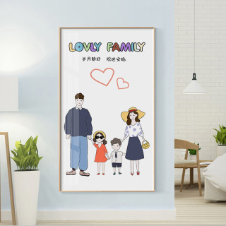 一家四口玄关装饰画现代清新过道挂画卡通温馨竖版北欧入门墙壁画