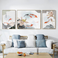 新中式客厅装饰画沙发背景墙餐桌壁画锦鲤荷花大挂画艺术三联壁画