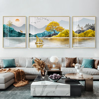 山水画新中式客厅装饰画金山招财挂画现代轻奢沙发背景墙壁三联画
