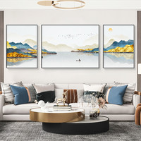 现代轻奢客厅装饰画山水画沙发背景墙意境挂画金山流水组合壁画