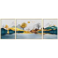 现代简约金山日出背有靠山轻奢沙发背景墙三联画客厅墙面装饰画