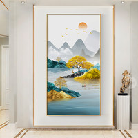 现代轻奢玄关装饰画新中式竖版过道走廊壁画福禄山水画进门墙挂画