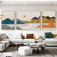 现代沙发背景墙装饰画麋鹿金山新中式客厅山水画背有靠山三联挂画