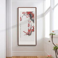 积善 现代中式花鸟玄关装饰画竖版走廊过道挂画字画客厅茶室卧室餐厅壁画画 梅开五福 165*80cm/幅(实木有框+有机玻璃)