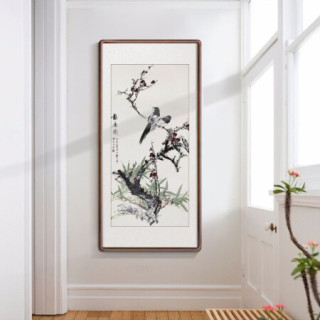 积善 现代中式花鸟玄关装饰画竖版走廊过道挂画字画客厅茶室卧室餐厅壁画画 报春图B 125*65cm/幅(实木有框+有机玻璃)