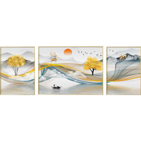 新中式客厅装饰画轻奢招财山水画沙发背景墙壁画抽象麋鹿三联挂画