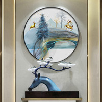 墨绿麋鹿风景圆形玄关装饰画客厅画山水现代北欧卧室餐厅轻奢招财