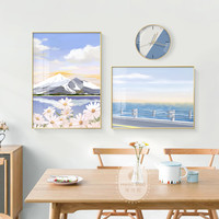 北欧风格餐厅装饰画治愈系风景插画沙发背景壁画创意组合钟表挂画