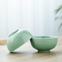 苏氏陶瓷 龙泉青瓷 青瓷釉陶瓷碗 花开富贵 4.5英6件套装