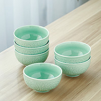 龙泉青瓷 青瓷釉陶瓷碗花开富贵米饭碗汤碗4.5英6件套装餐具