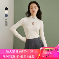 茵曼2021冬季新款女显瘦半高领设计感潮趣刺绣简约修身长袖T恤