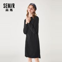 森马 Semir黑色显瘦针织连衣裙女2019冬季新款简约纯色过膝打底毛衣裙潮