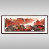 积善 新中式客厅装饰画沙发背景墙字画国画山水画现代办公室字画书房挂画壁画借问西湖风景画风水靠山图 红色江山万年长 215*65cm/幅(实木外框+有机玻璃)