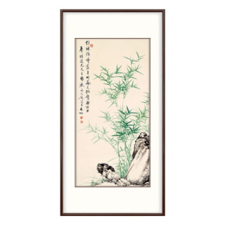 弘舍 新中式玄关装饰画国画竖版过道壁画走廊挂画原作版画 启功 竹石图 雅致胡桃 成品尺寸 高130*宽70cm