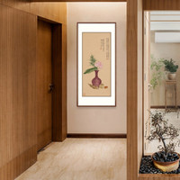 弘舍 现代新中式玄关装饰画走廊挂画过道壁画国画原作版画 吴湖帆 荷瓶 田园柚木 成品尺寸 高153*宽75cm