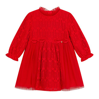 笛莎女童连衣裙2021冬季新款宝宝儿童时尚甜美中国红蕾丝网纱裙子