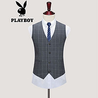 PLAYBOY 花花公子 西装男三件套装韩版修身时尚男士休闲一粒扣西服新郎伴郎礼服正装外套328 藏蓝格(三件套) 2XL