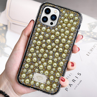 聚电猫珍珠镶钻苹果手机壳适用 金色 iphone12