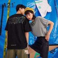 A21新款2021男装宽松圆领落肩纯棉情侣短袖T恤夏装潮男士上衣女
