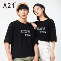 A21夏季2021新款男装宽松情侣圆领印花短袖T恤男士落肩上衣新疆棉