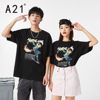 A21夏季2021新款男装宽松圆领情侣印花短袖T恤潮男士上衣女新疆棉