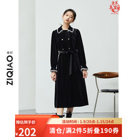 ZIQIAO 自巧 小个子小香风丝绒连衣裙女2021年冬季新款气质赫本风系带长裙21ZQ1444 黑色 XXS