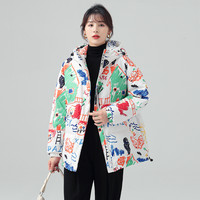 雪中飞 SNOWFLYING女式宽松短款羽绒服时尚秋冬新款精美印花保暖舒适显瘦抽绳羽绒服