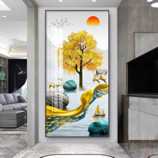 泉湘阁玄关装饰画现代简约进门走廊入户玄关画水晶烤瓷立体手工镶钻竖