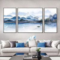 泉湘阁  客厅装饰画轻奢新中式沙发背景墙挂画现代简约三联画餐厅墙画书房 晶瓷画 水墨山河1款 左右50*70中间100*70/铝合金金框