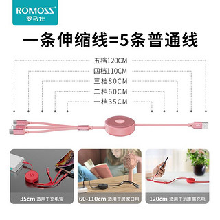 ROMOSS 罗马仕 三合一数据线伸缩苹果安卓Type-c充电线快充iPhone11/SE小米/oppo华为车载手机充电器线 粉 1.2米