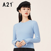 A21女装修身圆领长袖线衫 黑色 L 粉蓝 L