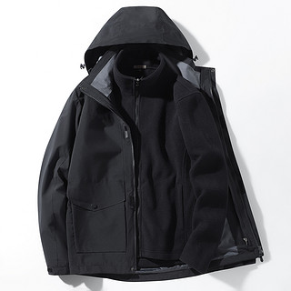 秋冬户外防风冲锋衣保暖休闲外套男可拆卸内胆两件套 XL 黑色