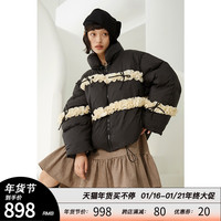 原创设计 奶油蛋糕抽褶蝴蝶结短款黑色羽绒服女白鸭绒外套