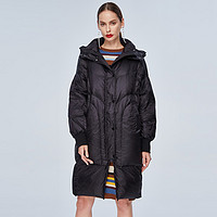 鸭绒纯色连帽宽松长款外套大衣女士羽绒服 XL 黑色