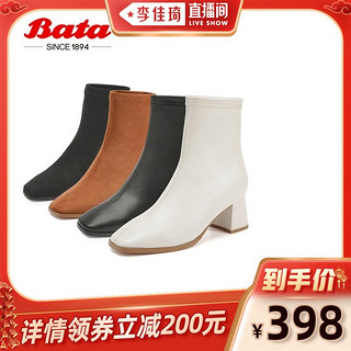 Bata弹力瘦瘦靴女2021冬新款百搭时尚中粗跟时装短筒靴95298DZ1 39 黑色皮面