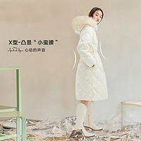 冬季韩版女款休闲抽绳毛领加厚外套中长款羽绒服 M 白色
