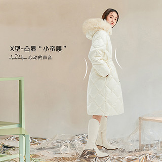 冬季韩版女款休闲抽绳毛领加厚外套中长款羽绒服 M 白色