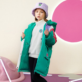 MQD童装儿童羽绒服2021新款撞色女童工装保暖长款羽绒服 130 潮水绿