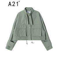 A21秋冬季2021女装新款宽松立领长袖短装开胸夹层夹克外套 浅灰绿 XS XL 浅灰绿