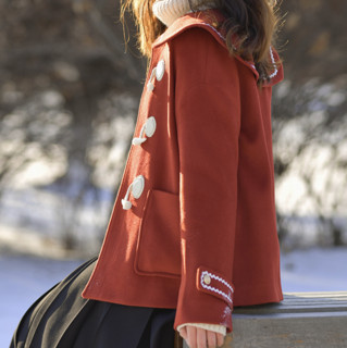 啦啦酱 小初雪 JK制服 女士短款牛角扣大衣 栗梅色