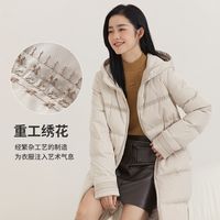 茵曼休闲女冬季新款宽松面包服保暖连帽白鸭绒中长款羽绒服