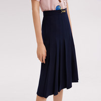 丽丽 LILY气质压褶设计撞色金属马蹄扣装饰A字半身裙 S 藏青