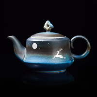 容山堂星蓝釉水杯陶瓷马克杯主人杯中国风家用咖啡杯大号啤酒杯办公茶杯茶具 陶瓷星蓝水杯-月光鹿 陶瓷星蓝泡茶壶-月光鹿