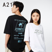 A21夏季新款男装撞色百搭上衣宽松圆领落肩短袖潮版女T恤情侣款新疆棉字母印花时尚休闲 R412131179黑色 165/80A/S