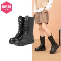 DUSTO 大东 2021新款冬季韩版高跟平底侧拉链系带字母中筒靴马丁靴女鞋