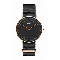 Daniel Wellington 包邮 | 36mm黑色表盘玫瑰金表壳黑色尼龙表带石英表 DW00100150（预计 1 周发货）